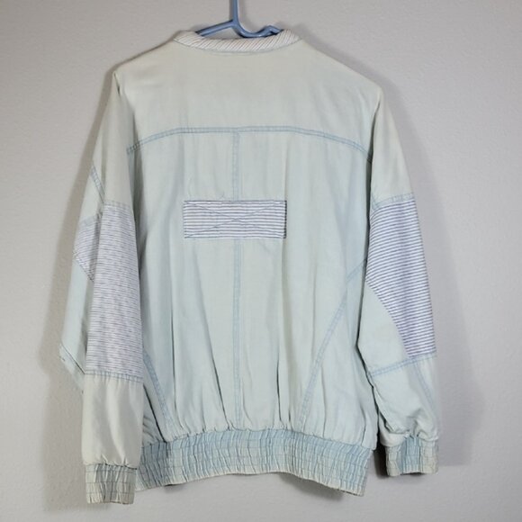 Vintage 80s Women Faded Denim Bomber Jacket Size M Acid Wash Patchwork Grunge - Picture 11 of 15